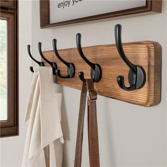 Wall Mounted Coat Rack Solid Wood Pine 5 Hooks - Picture 2 of 7